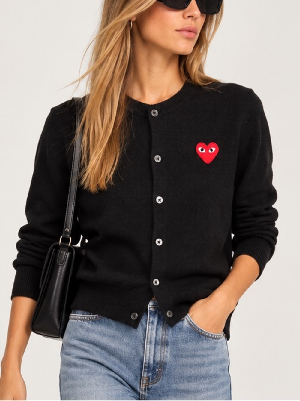 Black Cardigan Sweater with Red Heart Patch
